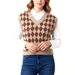 Sincerely Jules Sweater Vest Argyle Plaid Print Brown Size Small